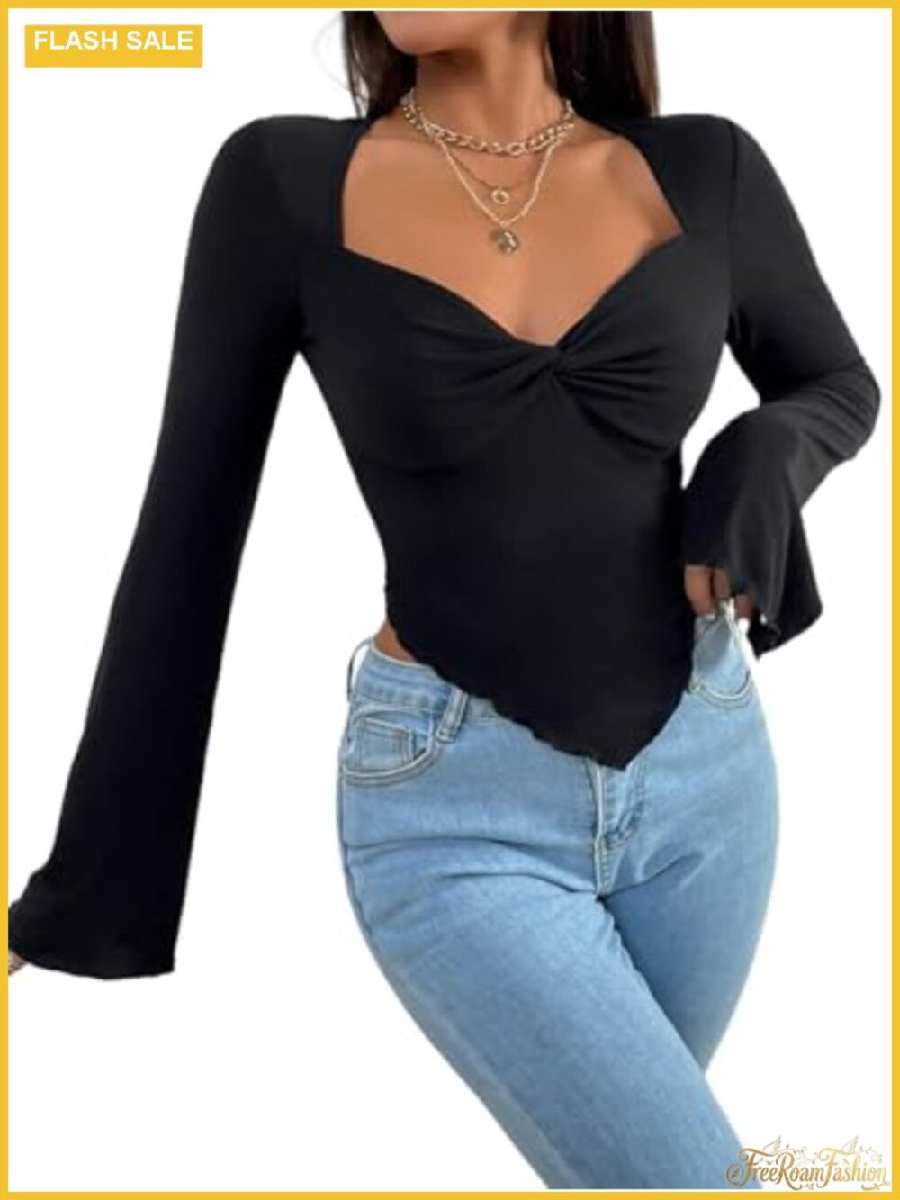 Women's Square Neck Crop Top Long Sleeve Twist Front Asymmetrical Blouse